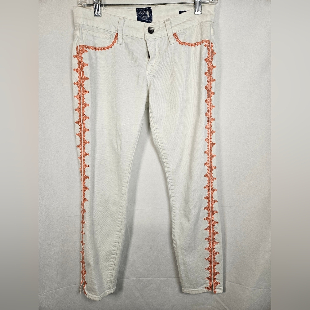 Lucky Brand White Embroidered Charlie Capri Jeans Boho Orange Stitching Size 0